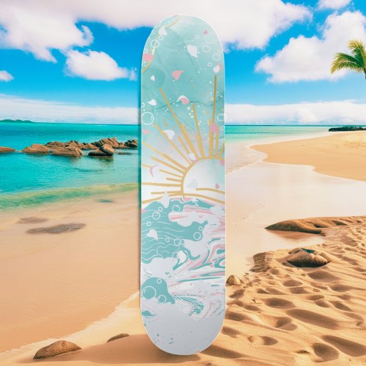Skateboard Plage turquoise et rose Vagues côtières Femme Débu