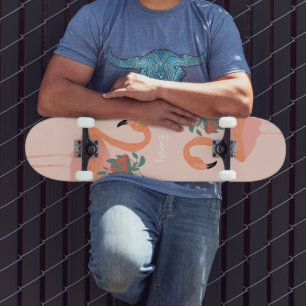 Skateboard Planche à roulettes avec plante en pot flamant ros