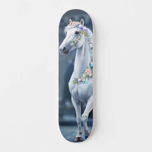 Skateboard Planche à roulettes Cheval Blanc avec Fleurs (Recto)