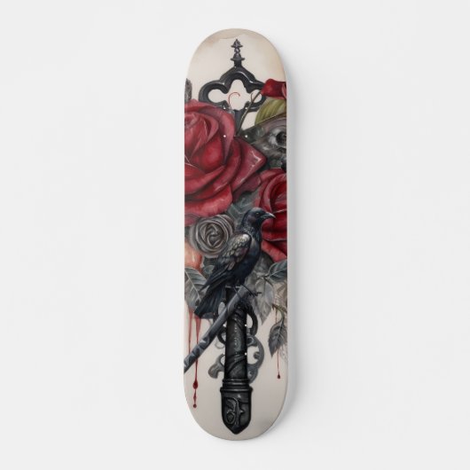 Skateboard Planche à roulettes Corbeau gothique & Roses  (Devant)