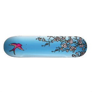 Skateboard Plate-forme rose d'hirondelle et de fleurs de
