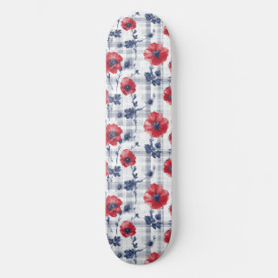 Skateboard Poppies rouges avec Feuilles bleus sur À damiers b