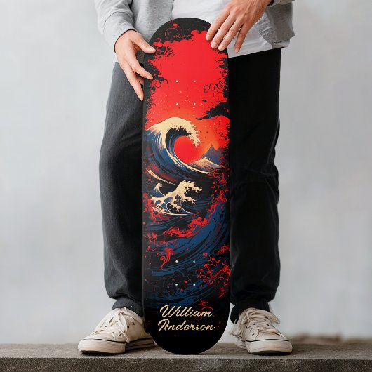 Skateboard Red Blue Black Sea Wave