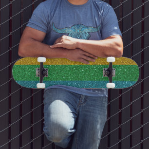 Skateboard Regard Étincelant Or Vert et Bleu Unisexe