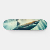 Skateboard Requin dans la mer bleue profonde & soleil (Horz)