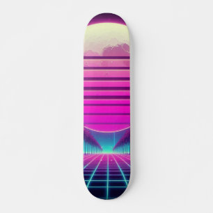 Skateboard rétro, soleil néon des années 80