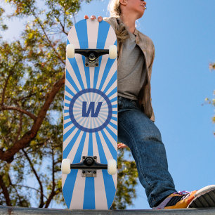 Skateboard Retro Sunburst en Bleu Clair et Foncé Initiale