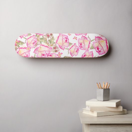 Skateboard Romantic white pink yellow summer rose floral (Art mural (Horz))