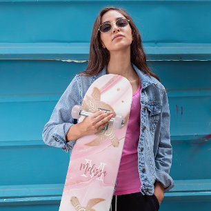 Skateboard Rose Gold Tortue Encre Nom Rose Marbre