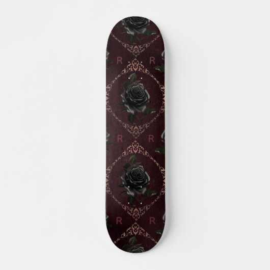 Skateboard Rose noir gothique Monogramme floral initial Éléga (Devant)