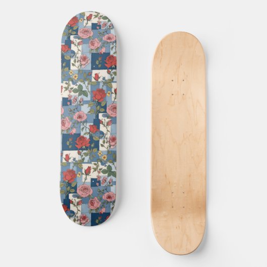 Skateboard Rose Retro Blue Jean Denim Patchwork Floral (Recto)
