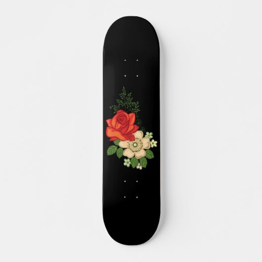 Skateboard Rose rouge et marguerites Arrière - plan noir (Devant)