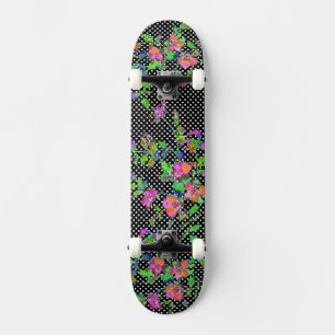 Skateboard rose vintage - pois-pois noirs et blancs