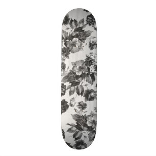 Skateboard Roses blancs noirs vintages botaniques floraux