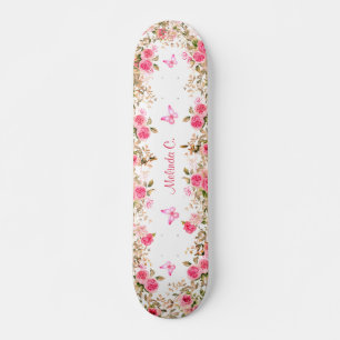 Skateboard Roses roses et papillons roses