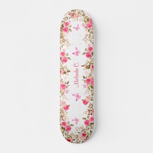 Skateboard Roses roses et papillons roses (Devant)