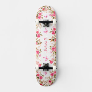 Skateboard Roses roses et papillons roses