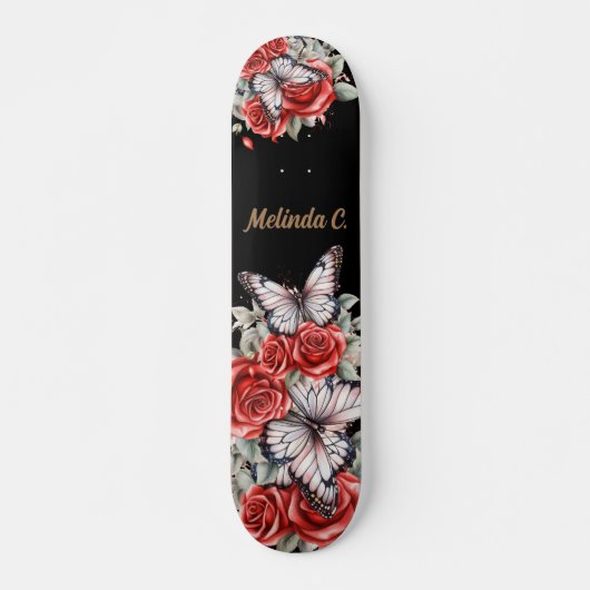 Skateboard Roses rouges et papillon cool (Devant)