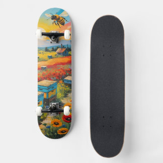 Skateboard Ruches Coquelicots et abeilles avec lever de solei
