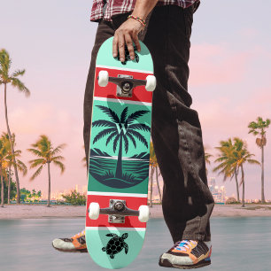 Skateboard Silhouette de Tortue de Palmier Rouge Vert Initial