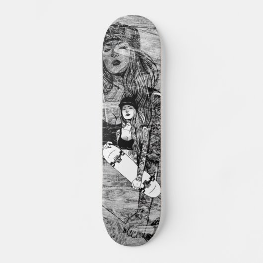 Skateboard Skis femme tatouée style urbain sur bois (Recto)