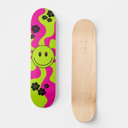Skateboard Sourire en vert citron, rose chaud et noir (Recto)