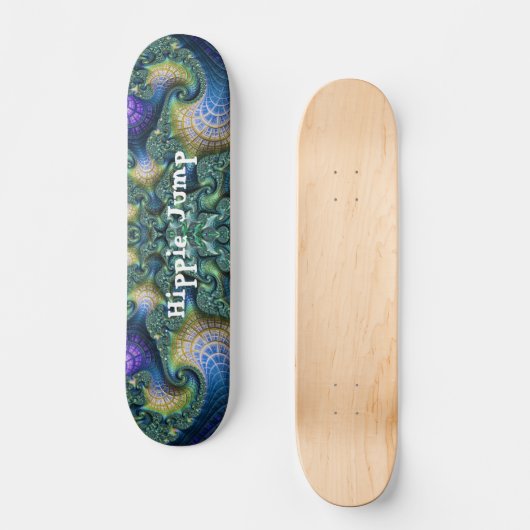 Skateboard Spirales d'Art Fractal Vert Bleu et Trick de Patin (Recto)