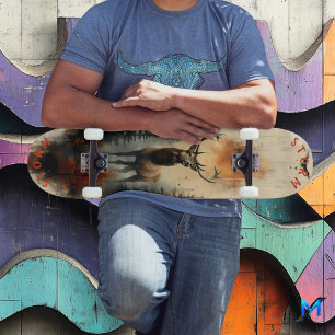 Skateboard Stag majestueux dans Forêt Mist, Retro Wilderness