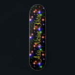 Skateboard Stars colorés Nom personnalisé Skate Board<br><div class="desc">Ce skate board présente un design d'étoiles colorées sur un arrière - plan noir. Le design est personnalisé de sorte que vous pouvez ajouter n'importe quel nom que vous voulez. Grand cadeau pour tout pensionnaire qui veut un design joli mais classe.</div>
