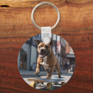 Skateboard Stunt: een Staffy in beweging Sleutelhanger
