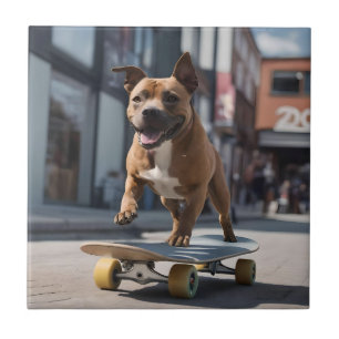 Skateboard Stunt: een Staffy in beweging Tegeltje