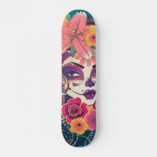 Skateboard Sugar crâne femme en portrait de couronne de fleur (Devant)