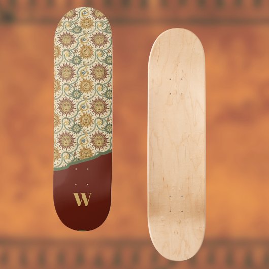 Skateboard Sun Celestial Vintage Bourgogne Green Motif or