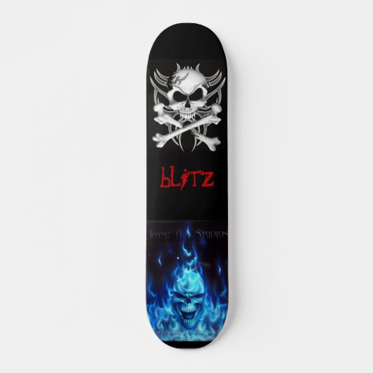 Skateboard svart, os de crâne, BlueFireSkullSign, attaque (Devant)