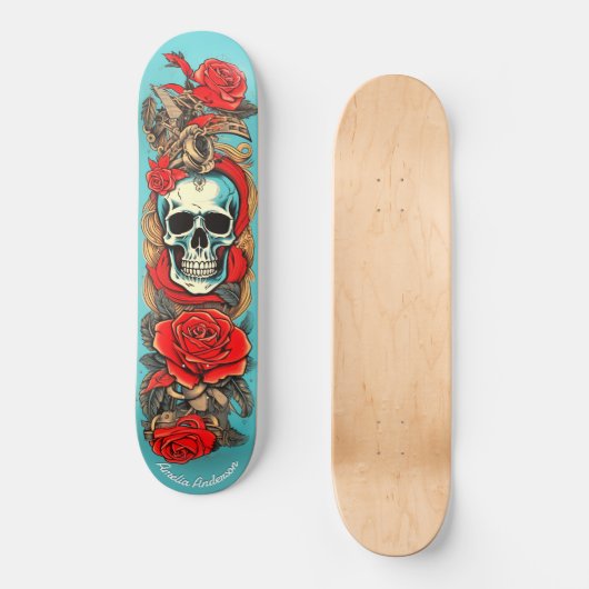 Skateboard Tatouage classique Art Crâne Rose éléments nautiqu (Recto)