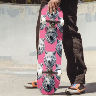 Skateboard Tête de loup blanc motif design rose