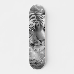 Skateboard Tête de tigre et fleurs à l'échelle de gris Fantas