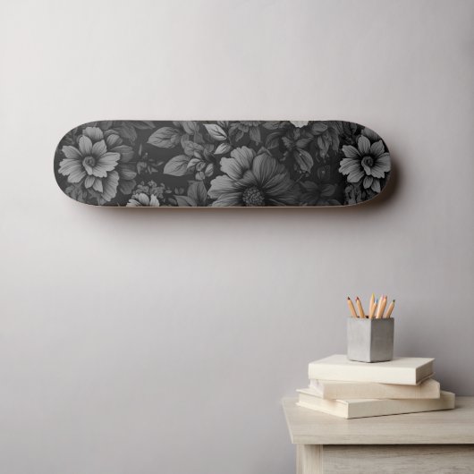 Skateboard Tons de gris floral (Art mural (Horz))