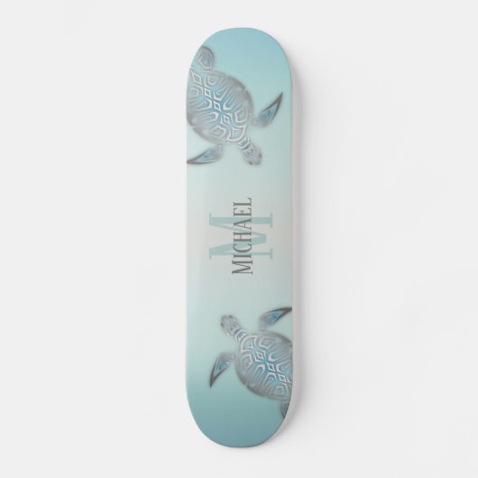 Skateboard Tortues Argent Plage Style Monogramme Votre nom (Recto)