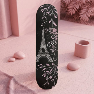 Skateboard Tour Eiffel Argent Nuit Parisienne Rose Pâle Chic
