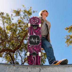 Skateboard Tourbillon abstrait de Damas rose chaud Monogramme