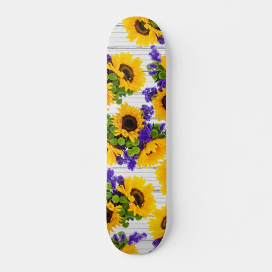 Skateboard Tournesol jaune pourpre en bois blanc rustique de (Devant)