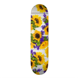 Skateboard Tournesol jaune pourpre en bois blanc rustique de
