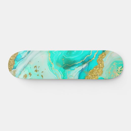 Skateboard Turquoise Blue Gold Marble Geode Encre d'alcool (Horz)