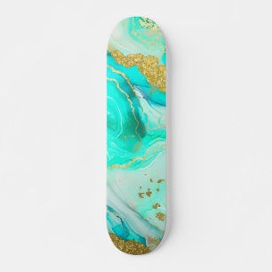 Skateboard Turquoise Blue Gold Marble Geode Encre d'alcool