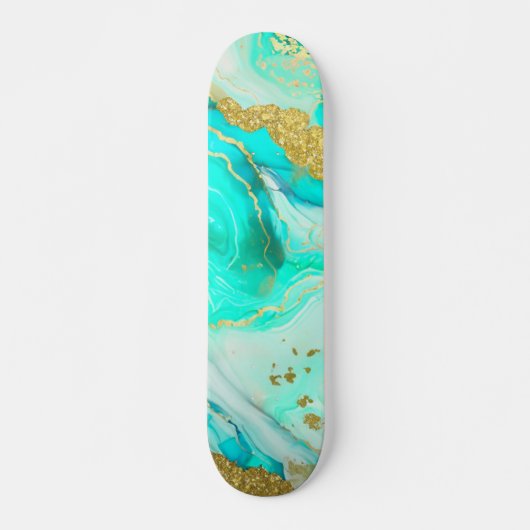 Skateboard Turquoise Blue Gold Marble Geode Encre d'alcool (Devant)