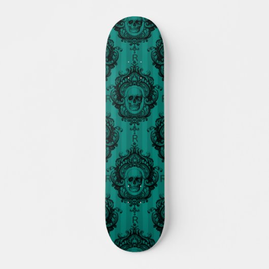 Skateboard Turquoise crâne gothique et monogramme personnalis (Devant)