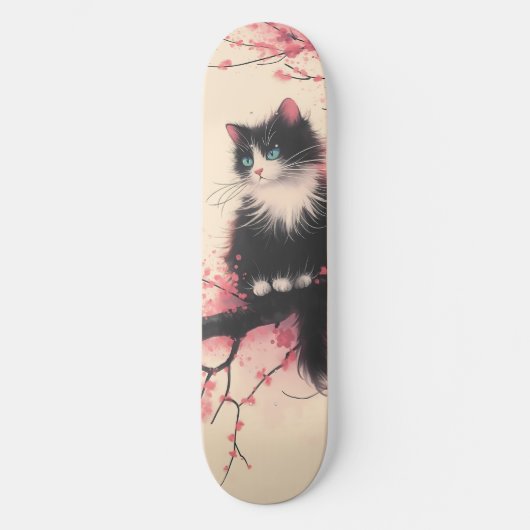 Skateboard Tuxedo Chat sur la fleur de cerise esthétique japo (Recto)