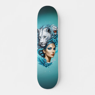 Skateboard Une femme captivante à la tête d'un lion majestueu
