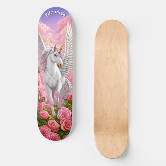 Skateboard Unicorn in Pink Sky with Roses Fantasy Art (Recto)